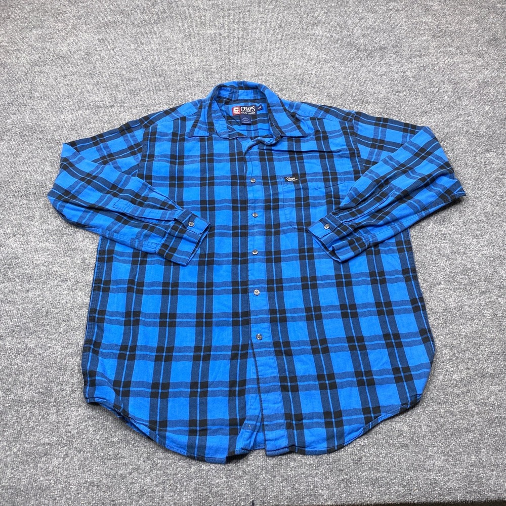 Chaps Ralph Lauren Shirt Mens Large Blue Black Plaid Flannel Long Sleeve Button